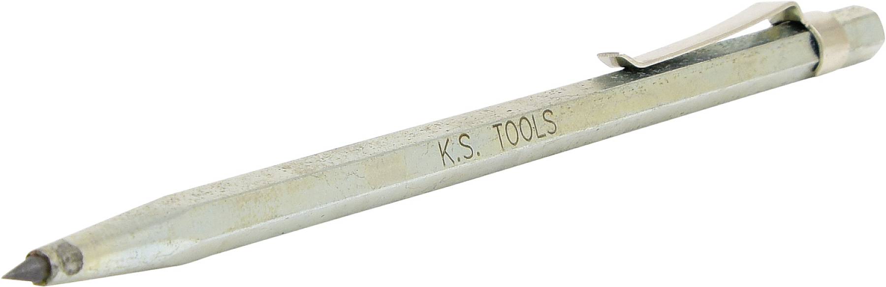 Ein silbernes Werkzeug mit schwarzer Spitze und Clip, auf dem 'K.S. TOOLS' steht. Es wurde vermutlich zur Markierung oder Messung verwendet.