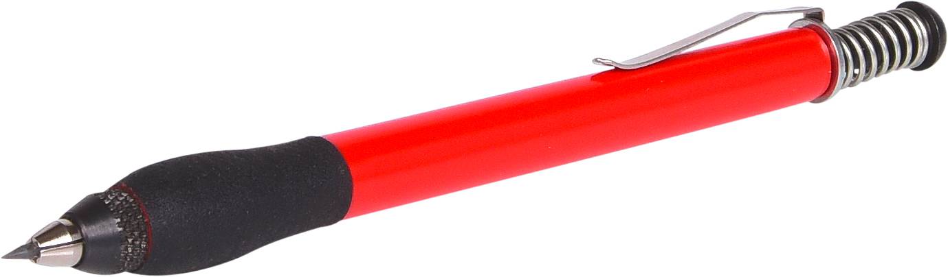 Ein roter Kugelschreiber mit schwarzem Griff und Metallclip liegt schräg auf einem weißen Hintergrund.