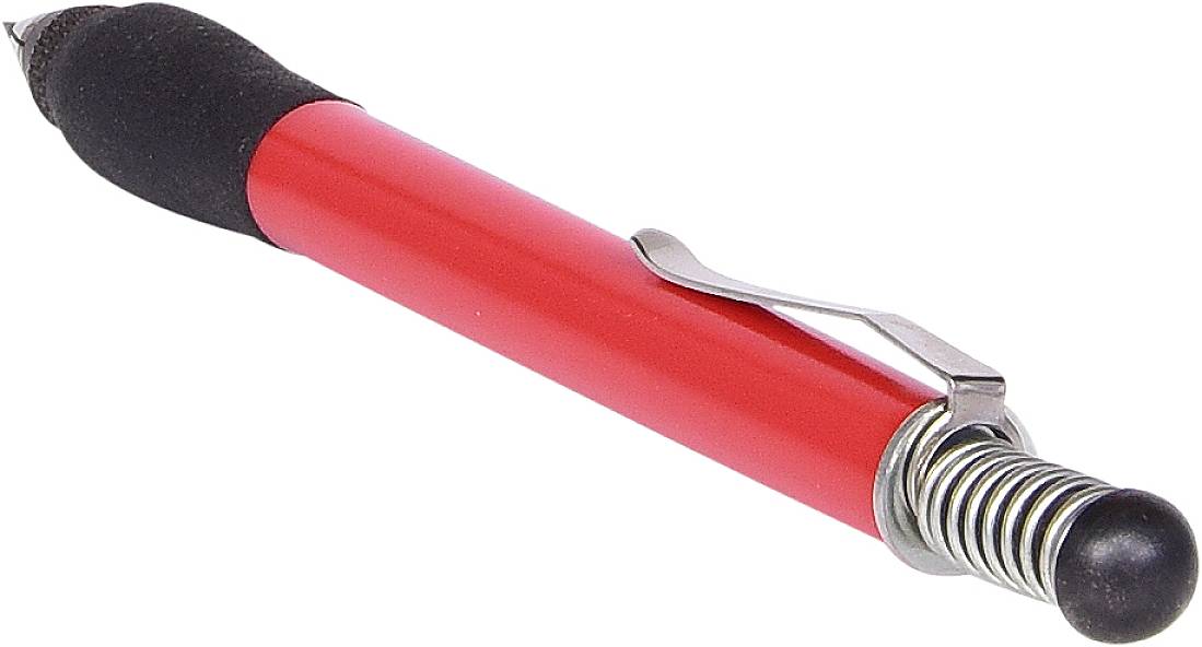 Roter Kugelschreiber mit silbernem Clip und schwarzer Gummispitze, darauf eine Metallfeder; dient zum Schreiben und Klicken.