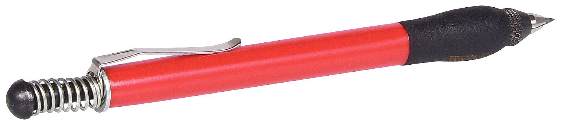 Roter Kugelschreiber mit schwarzer, gummierter Grifffläche und silberner Klammer, liegt auf weißem Hintergrund.