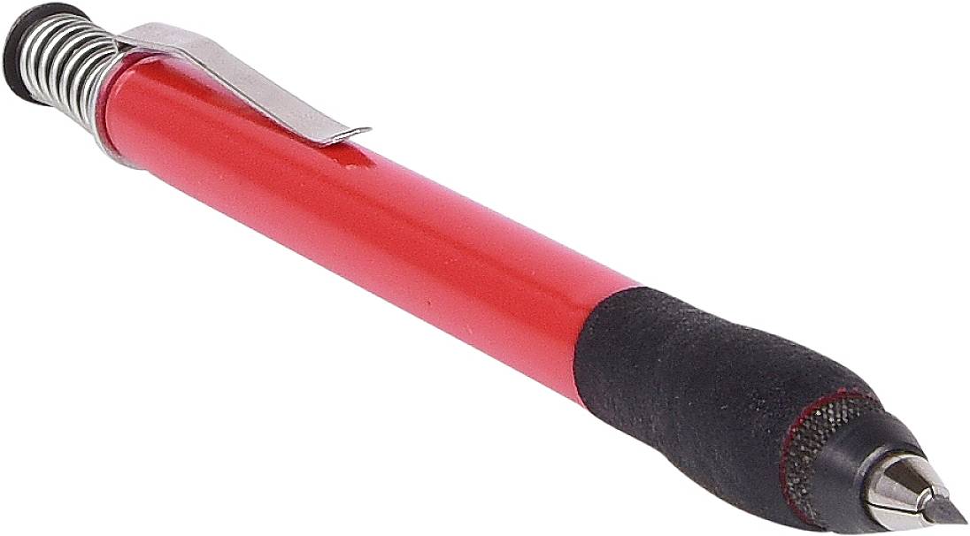 Roter Kugelschreiber mit schwarzem Griffstück und silbernem Clip, auf weißem Hintergrund.
