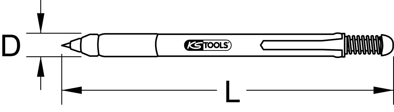 Technische Zeichnung eines Druckbleistifts. Links ist die Spitze mit Durchmesser 'D' und Länge 'L' markiert. 'KS TOOLS'-Logo in der Mitte.
