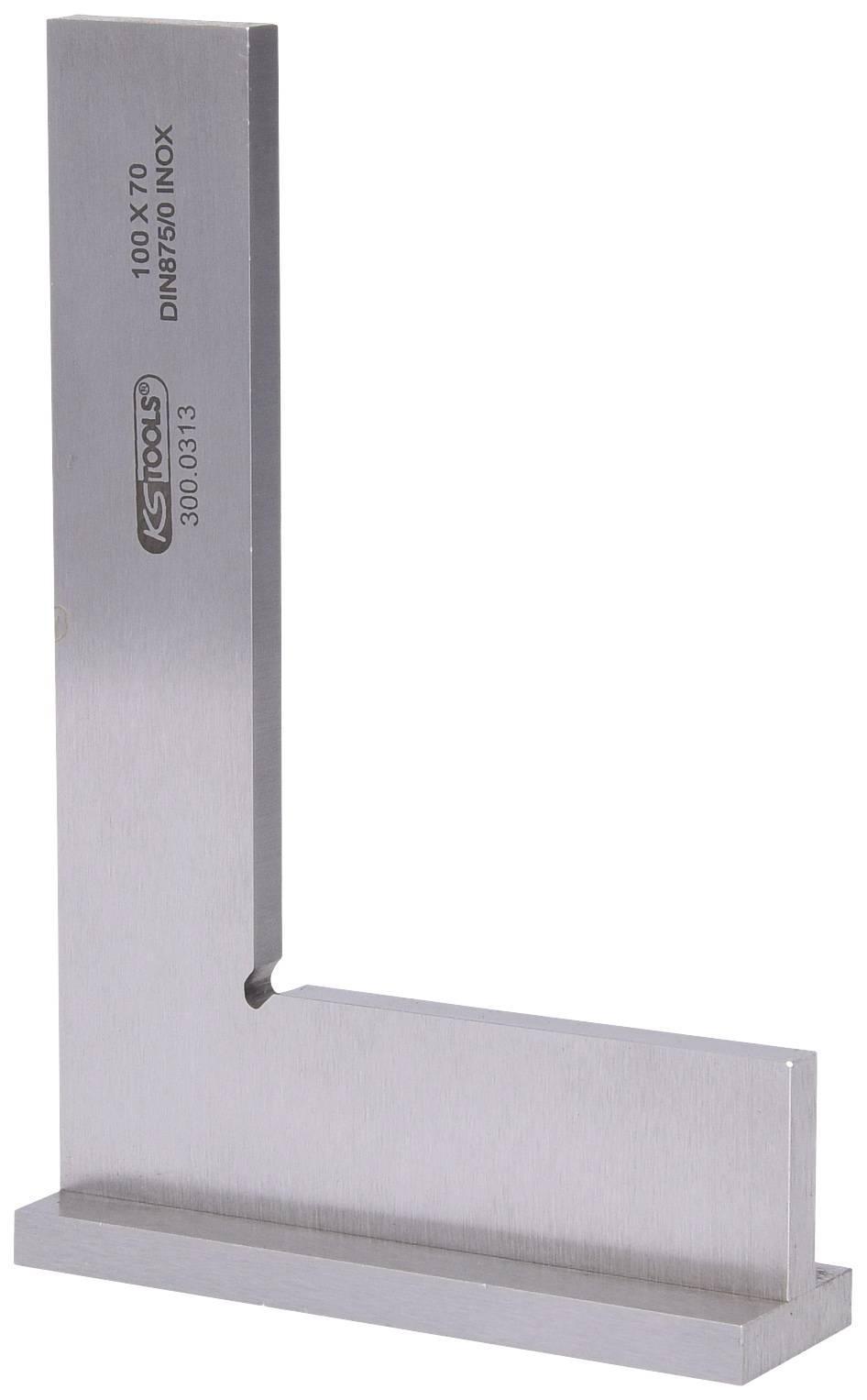 Stahldreieck mit der Aufschrift '100 x 70 DIN875/0 INOX'. Es hat einen rechtwinkligen Messwinkel, genutzt für Präzisionsmessungen.