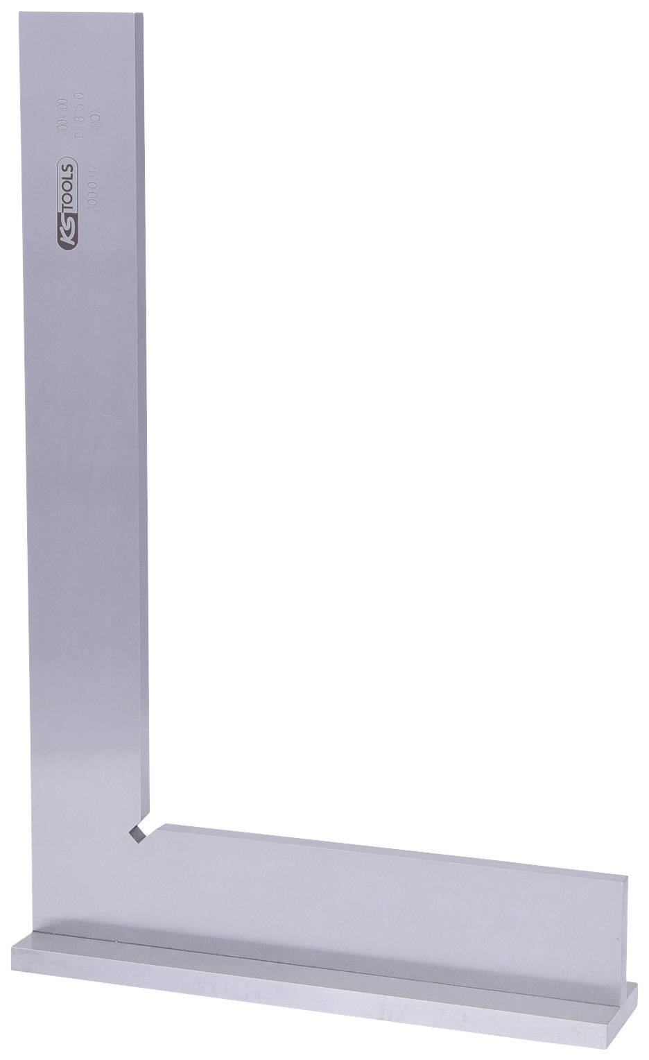 Ein silbernes Stahlwinkelmaß mit einer rechtwinkligen Form, verwendet zum Messen und Überprüfen von genauen Winkeln.