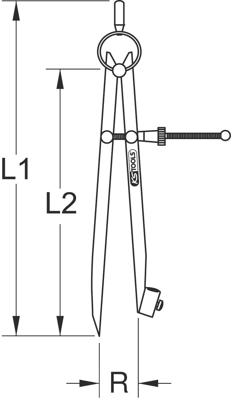 Skizze eines Zirkels mit eingezeichneten Maßeinheiten L1, L2 und Radius R. Der Zirkel hat einen Feststellschrauben-Mechanismus.