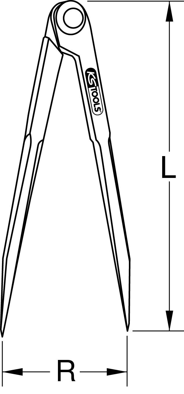Eine Zeichnung eines Werkstattzirkel mit der Aufschrift 'KS Tools', daneben die Maße 'L' für Länge und 'R' für Radius.