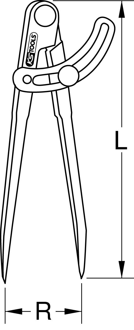'KSTools'-Zirkel mit zwei spitzen Beinen und einem beweglichen Scharnier. Länge (L) und Radius (R) sind angegeben.