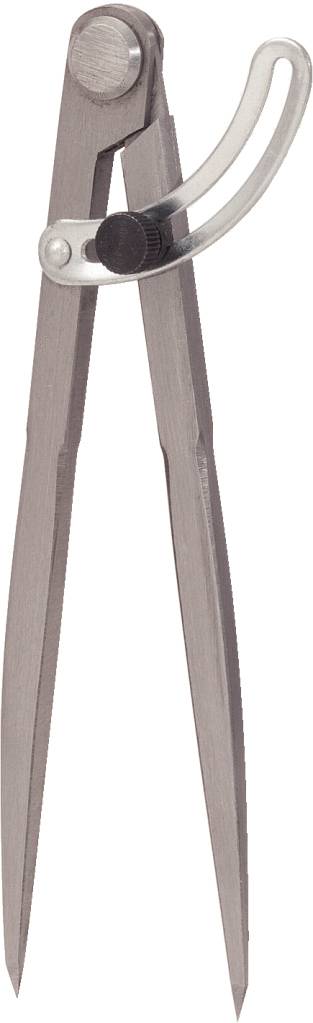 Ein metallener Zirkel mit zwei langen, spitzen Schenkeln, einem einstellbaren Drehgelenk und einem Feststellrad zur Justierung der Öffnung.