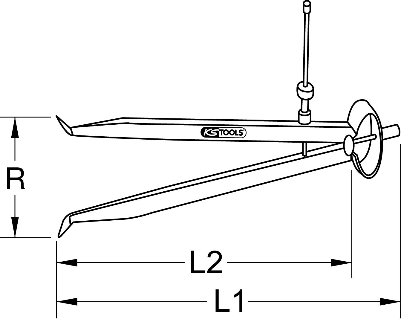 Abbildung eines Werkzeugs zur Messung von Abständen, mit gekrümmtem Metallarm und Messskala, markiert mit 'KS Tools'.