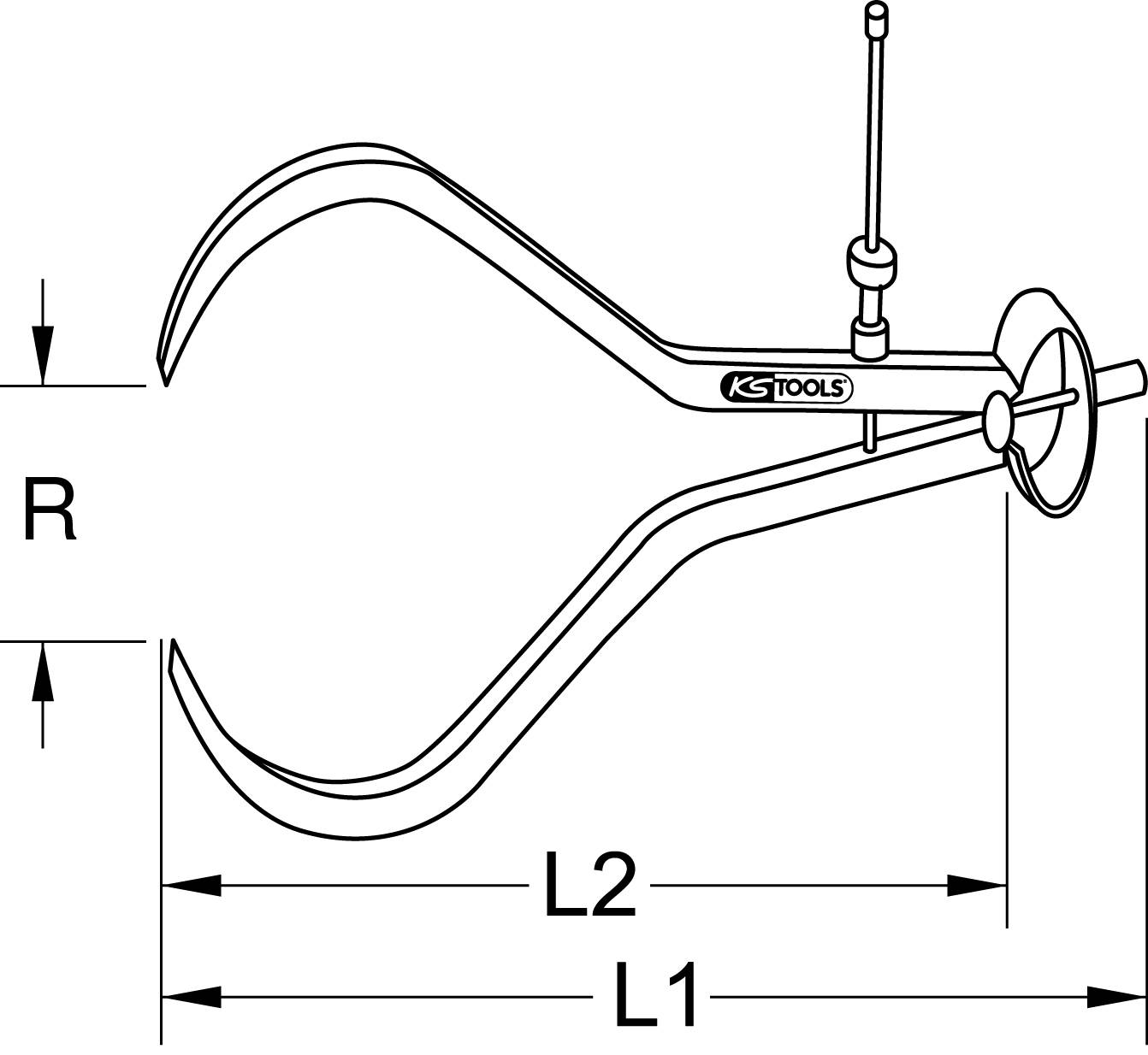 Zeichnung eines Außenspitzenmessers mit Markierungen für Radius (R), Länge L1 und Länge L2. Werkzeug von KS Tools.