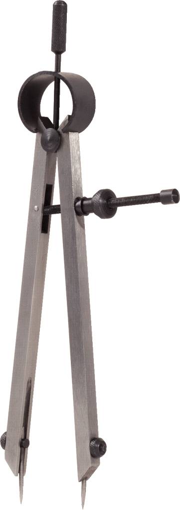 Ein Metallzirkel aufrecht stehend, geöffnet, mit verstellbaren Schenkeln und einem Schraubmechanismus zur Feinjustierung.