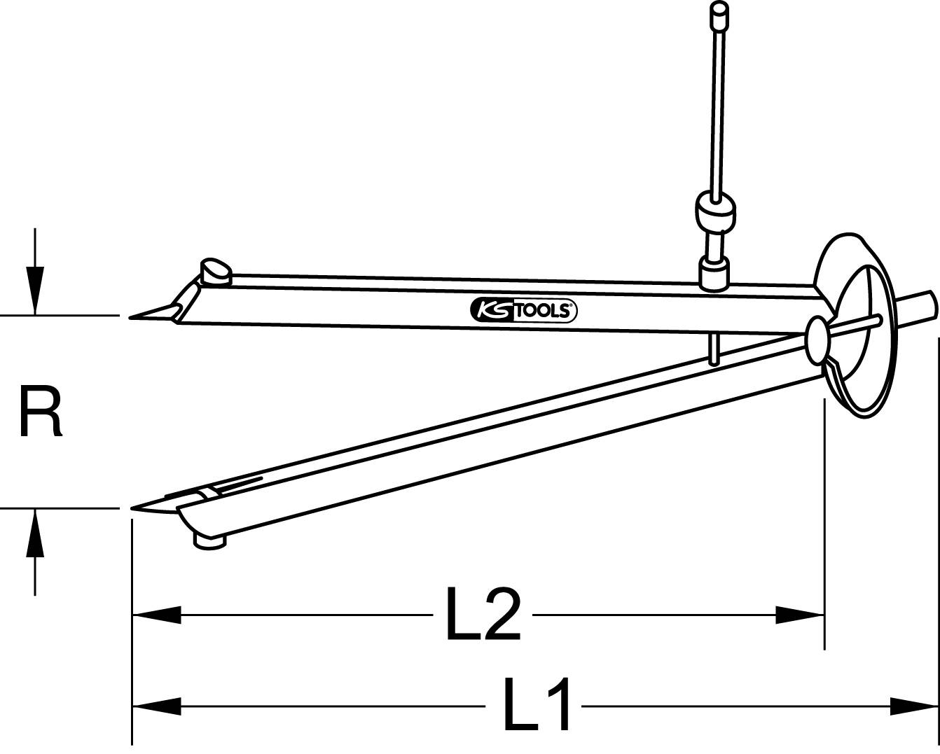 'KS Tools' technischer Kompass mit zwei Armen, Skala und Einstellmechanismus. Markierungen L1, L2 und R für Längen und Radius.
