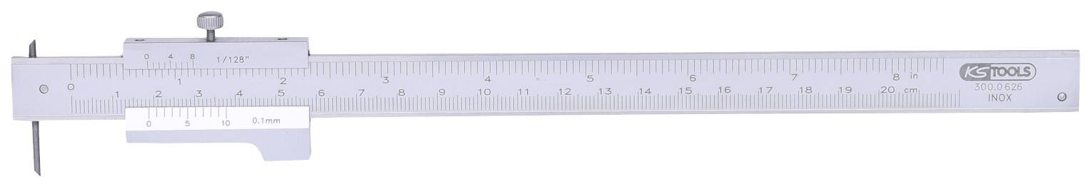 Lineal-Messschieber mit Millimeter- und Zollskala zur präzisen Längenmessung. Haupt- und Noniusskala zeigen genaue Abstufungen.