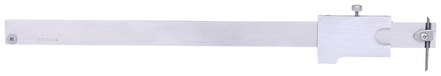 Metallisches Messwerkzeug mit langem, schmalem Lineal und verstellbarem Kopf zur Längenmessung; geeignet für präzise technische Anwendungen.