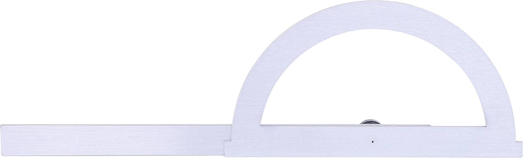 Ein silberner Winkelmesser mit halbkreisförmigem Bogen und einem langen geraden Arm zum Messen von Winkeln.
