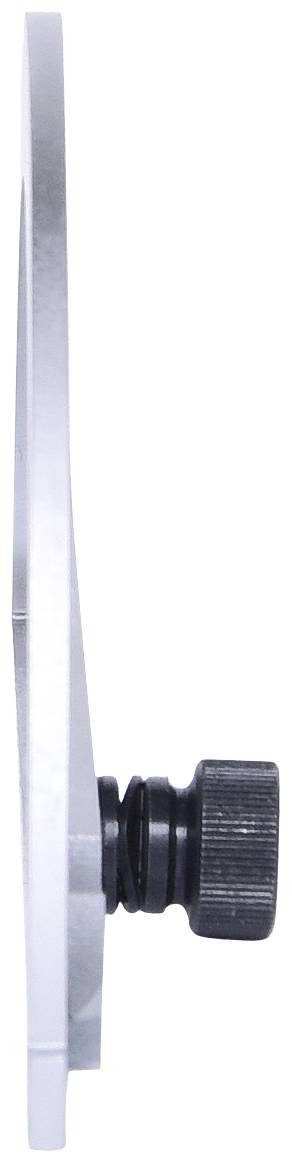 Seitenansicht eines flachen Metallobjekts mit schwarzem Drehknopf.