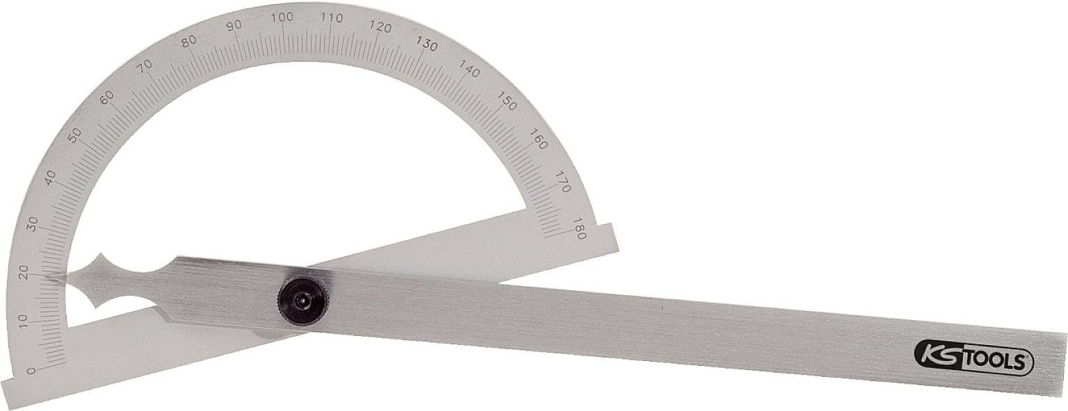 Ein silbernes Winkelmesserwerkzeug aus Metall mit geätzten Gradmarkierungen von 0 bis 180, geeignet zur präzisen Winkelmessung.