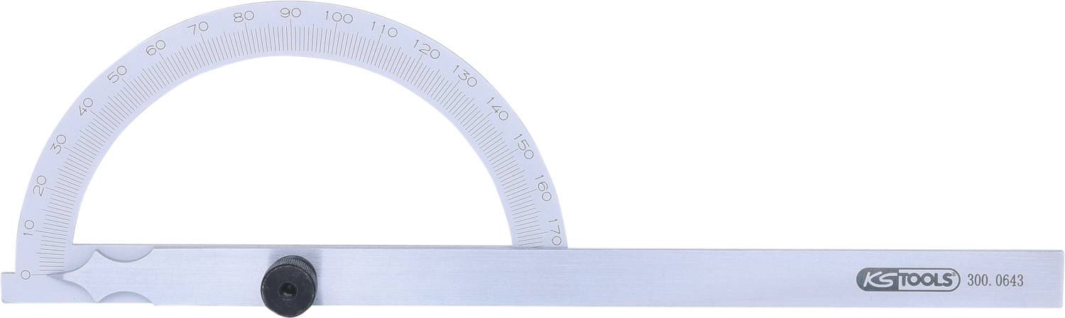 Winkelmesser mit Skala von 0 bis 180 Grad, silberne Metallausführung, mit kleiner Schraube zur Fixierung, Herstellerlogo rechts.