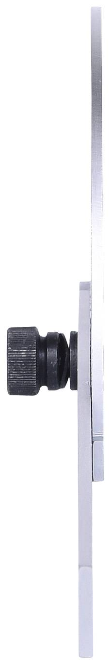 Schraubmechanismus an einem flachen Metallstück, Seitenansicht. Ein rundes, geriffeltes Drehteil ist sichtbar, befestigt an einer dünnen Platte.