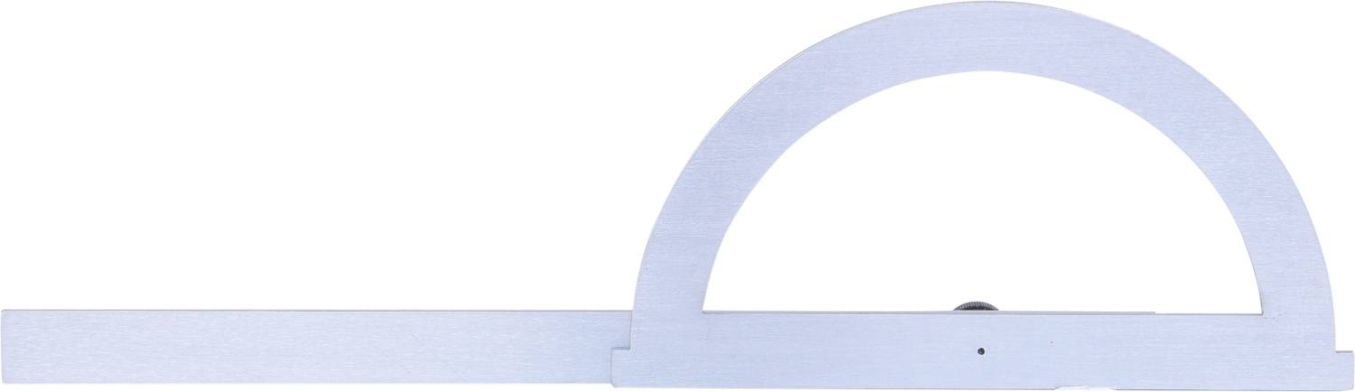 Ein silberner Winkelmesser mit halbkreisförmigem Kopf und gerader Messeinheit, verwendet zur Winkelmessung in Mathematik und Technik.