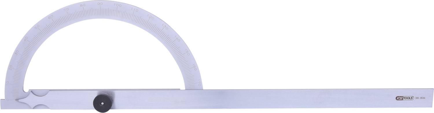 Winkelmesser aus Metall mit halbkreisförmiger Skala und beweglichem Arm zum Messen von Winkeln.