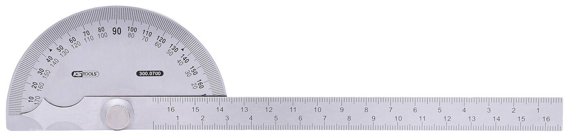 Halbkreisförmiger Metallwinkelmesser mit Skala von 0 bis 180 Grad, befestigt an einem geraden Lineal mit Zentimeter-Maßstab.