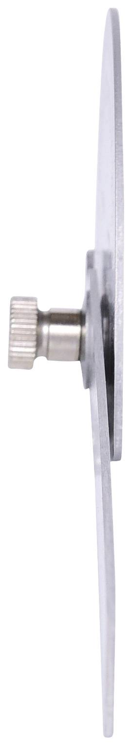 Seitenansicht eines runden, flachen Metallschneidwerkzeugs mit einem zentralen Schraubmechanismus.