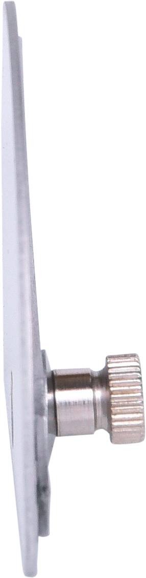 Seitliche Nahaufnahme einer flachen Metallplatte mit einem hervorstehenden, gerändelten Schraubknopf.