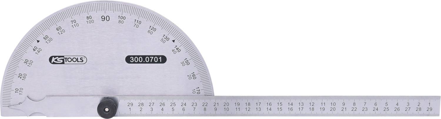 Ein silberner Winkelmesser mit einem linearen Messstab, skaliert von 0 bis 180 Grad, geeignet für präzise Winkelmessungen.