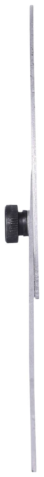 Ein Metallstreifen mit einem schwarzen Knopf in der Mitte, der vermutlich als Befestigung dient. Seitenansicht.