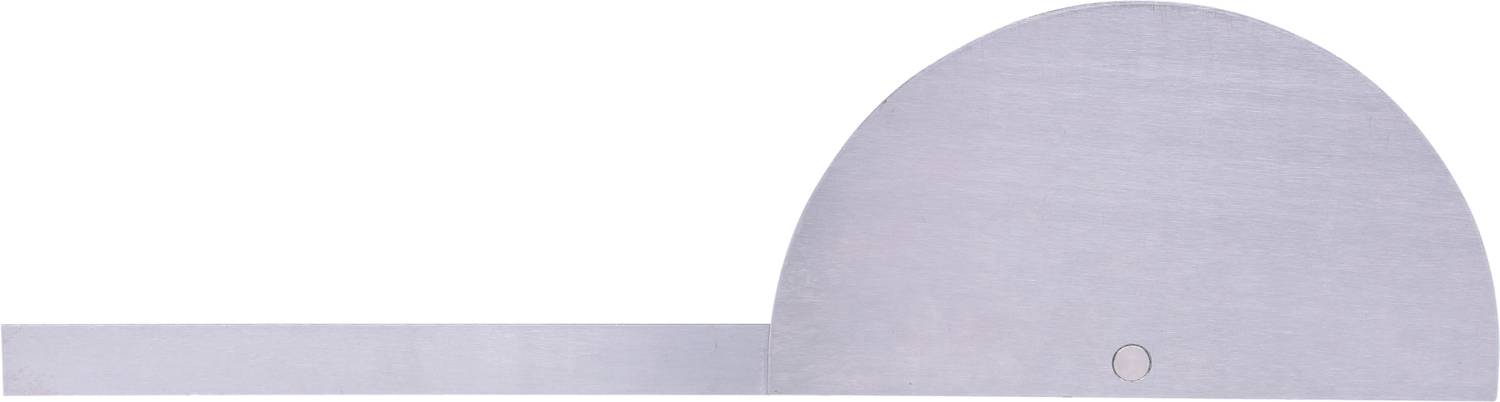 Ein silberfarbener Metallwinkelmesser mit halbkreisförmigem Kopf, der zur Messung von Winkeln verwendet wird.