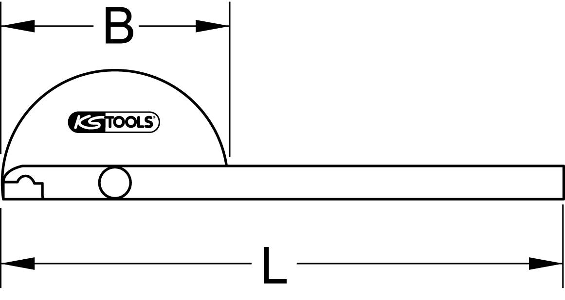 Diagramm eines Halbkreis-Werkzeugs mit der Beschriftung 'KS Tools'. Maße 'B' für Breite des Bogens und 'L' für Länge des Werkzeugs.