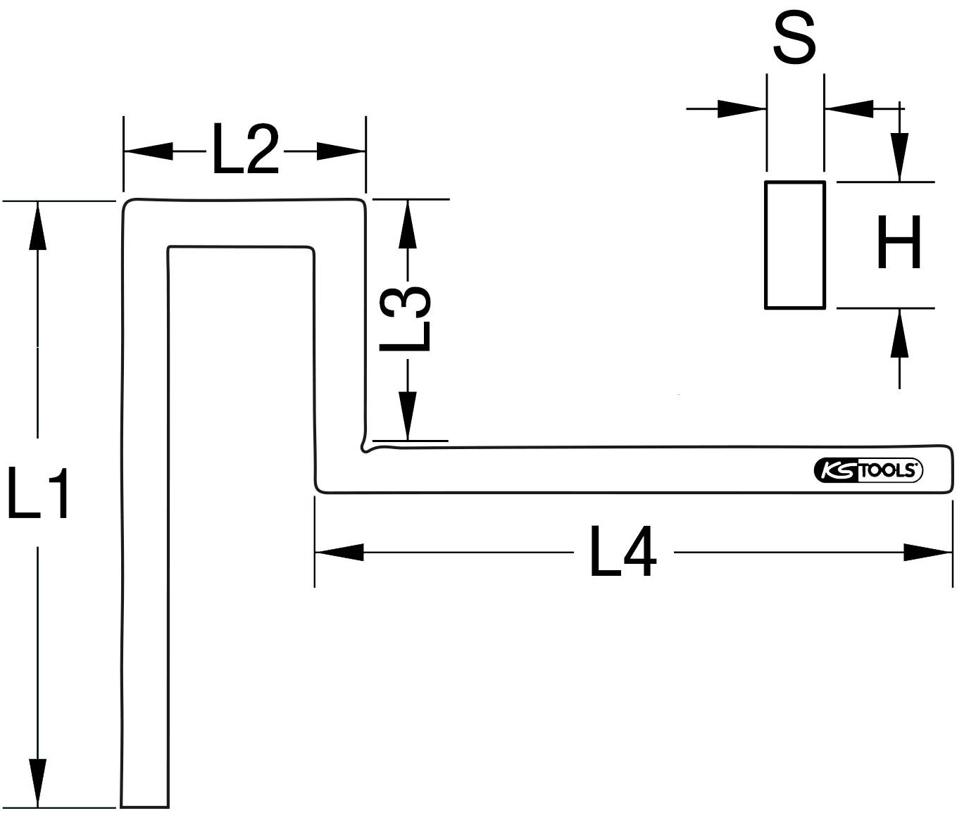 Technische Zeichnung eines Winkelschlüssels mit Maßen: L1, L2, L3, L4, Höhe H und Breite S. 'KS TOOLS' ist auf dem Griff.