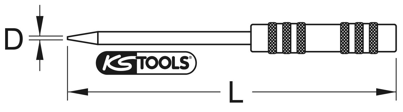 Technische Zeichnung eines Schraubenziehers von 'KS Tools'. Gezeigt sind Maße: Länge (L) und Durchmesser (D) der Spitze.