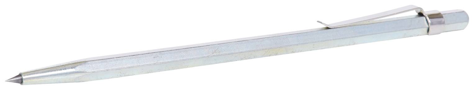 Silberfarbener, sechseckiger Druckbleistift mit Clip, liegt waagerecht.