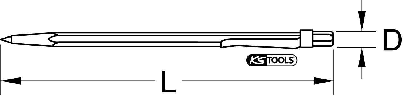 Illustration eines Kugelschreibers mit den Messungen Länge (L) und Durchmesser (D), daneben das Logo von KS Tools.