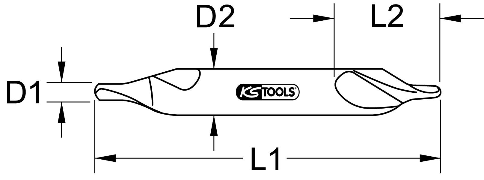 Technische Zeichnung eines Werkzeugs mit Abmessungen: D1, D2, L1, L2. Markenname 'KS Tools' in der Mitte.