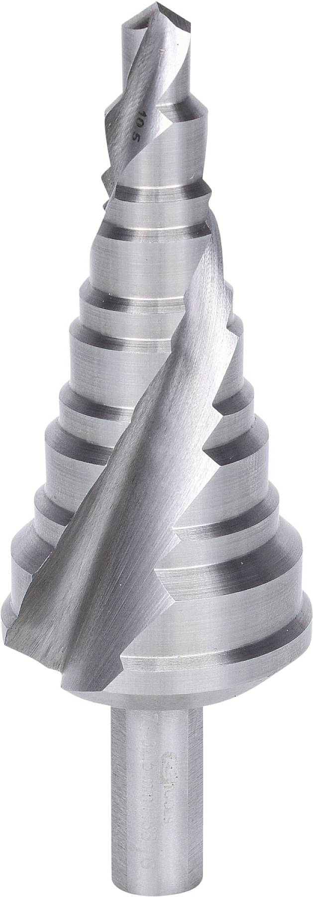 Ein Stufenbohrer aus Metall mit mehreren Kegeln, die größer werden, je weiter sie nach unten verlaufen, um unterschiedlich große Löcher zu bohren.