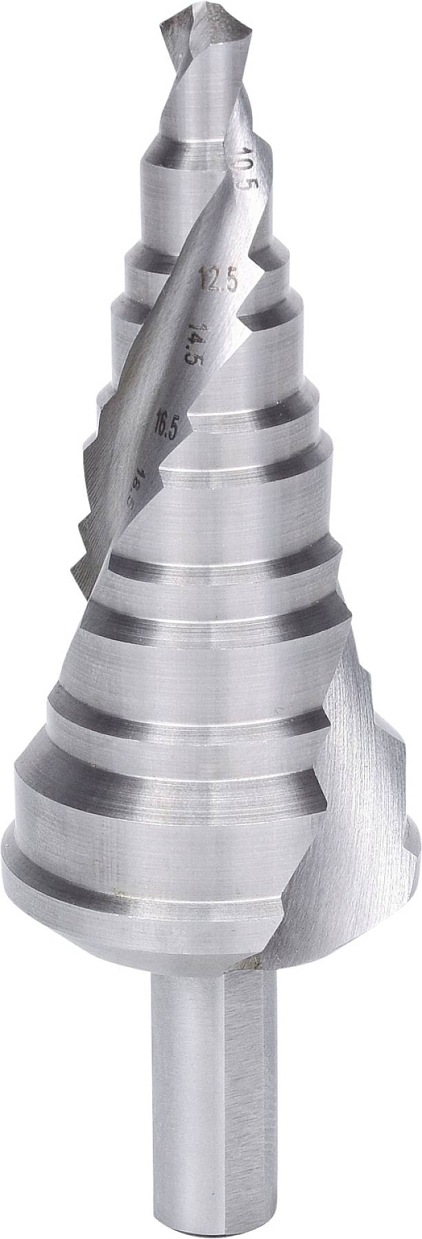 Kegelbohrer mit abgestuften Durchmessern für präzises Bohren in unterschiedlichen Größen. Aus glänzendem Metall gefertigt.