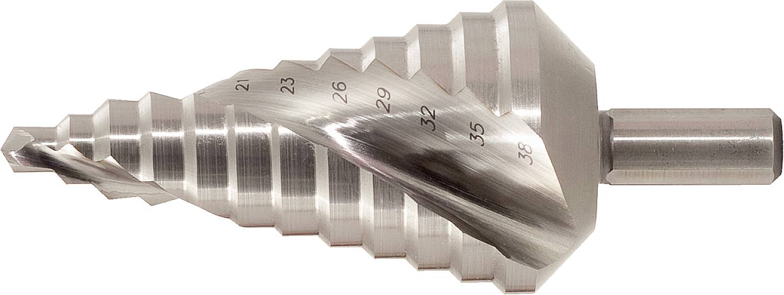 Stufenbohrer aus Metall mit konischem Design, verschiedene Durchmesser sind in Millimetern auf der Oberfläche markiert.
