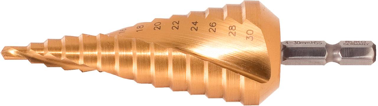 Stufenbohrer aus Metall, konisch zulaufend, mit Markierungen für verschiedene Durchmesser von 4 bis 30 mm. Geeignet für Metallbohrungen.
