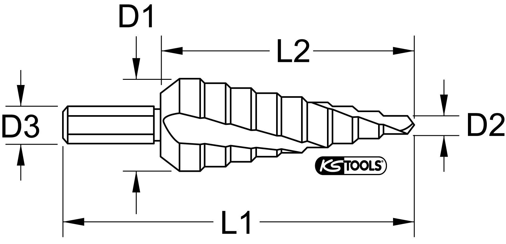 Schrittbohrer-Diagramm mit D1-, D2-, D3- und L1-, L2-Markierungen; Werkzeug für gestufte Bohrungen.