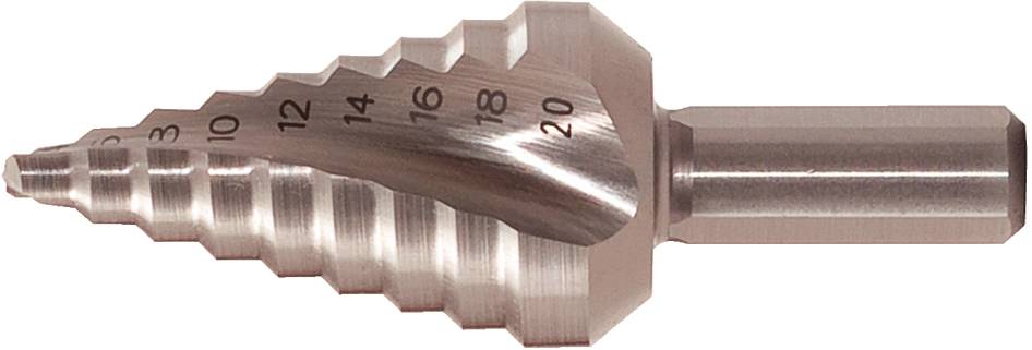 Metallstufenbohrer mit schrittweise größer werdenden Durchmessern von 4 bis 20 mm, verwendet zum Bohren von Löchern in Metall.