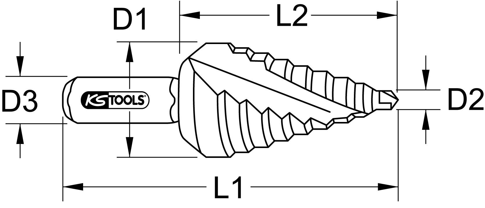 Diagramm eines Kegelstufenbohrers mit Maßangaben: D1, D2, D3, L1, L2. Zeigt Stufen und Schneidstruktur des Werkzeugs.