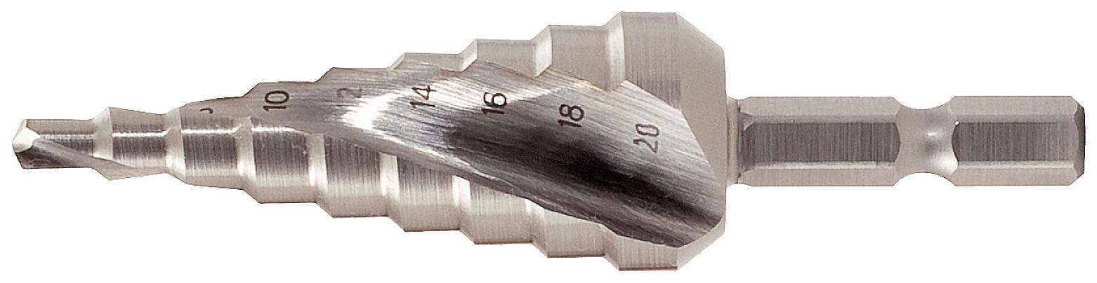 Ein stufenförmiger Bohrer mit mehreren Durchmesserstufen von 4 bis 20 mm, dient zum Bohren verschiedene Lochgrößen in Metall.
