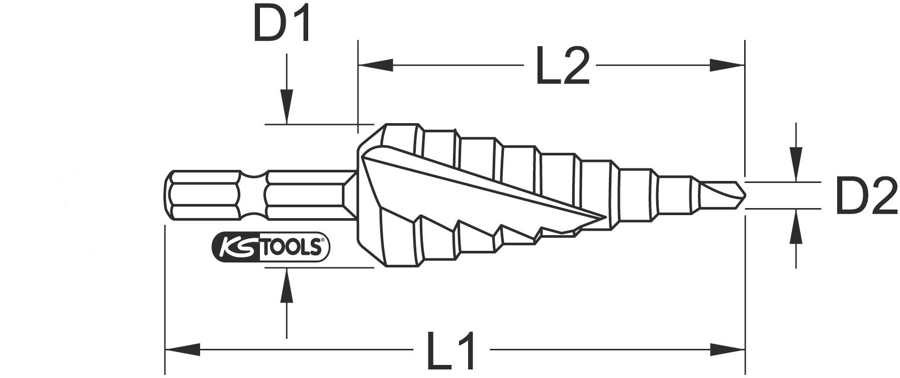 Schneidwerkzeug-Diagramm mit stufenförmigem Bohrer, zeigt Maße: D1, D2, L1, L2. Markierung 'KS Tools' vorhanden.