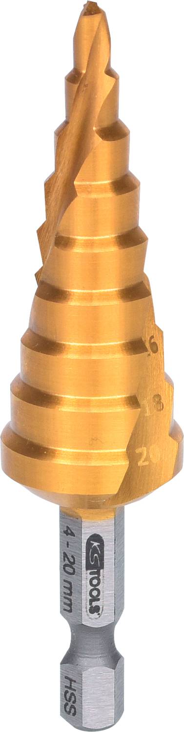Ein stufenförmiger Bohrer mit goldener Beschichtung. Er zeigt mehrere Bohrstufengrößen von 4 bis 20 mm für präzises Arbeiten.