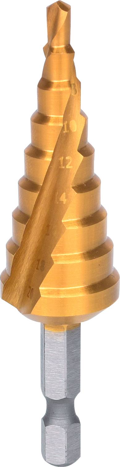 Ein stufenförmiger Metallbohrer aus goldfarbenem Material mit deutlich sichtbaren Nummerierungen auf den Stufen.