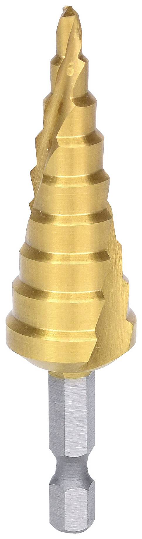 Stufenbohrer aus Metall mit mehreren Abstufungen für verschiedene Lochdurchmesser, sichtbar spiralförmige Schneide, silberner Schaft.