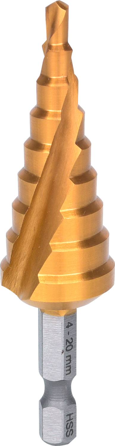 Ein goldfarbener Stufenbohrer, mit mehreren abgestuften Bohrringen, geeignet für das Bohren verschiedener Lochgrößen in Metall.